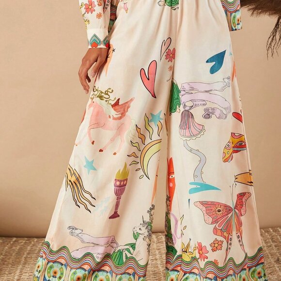 Multicolor Boho Women's Loose Wide Leg Vacation Printed Woven Pants - Picture 2 of 5